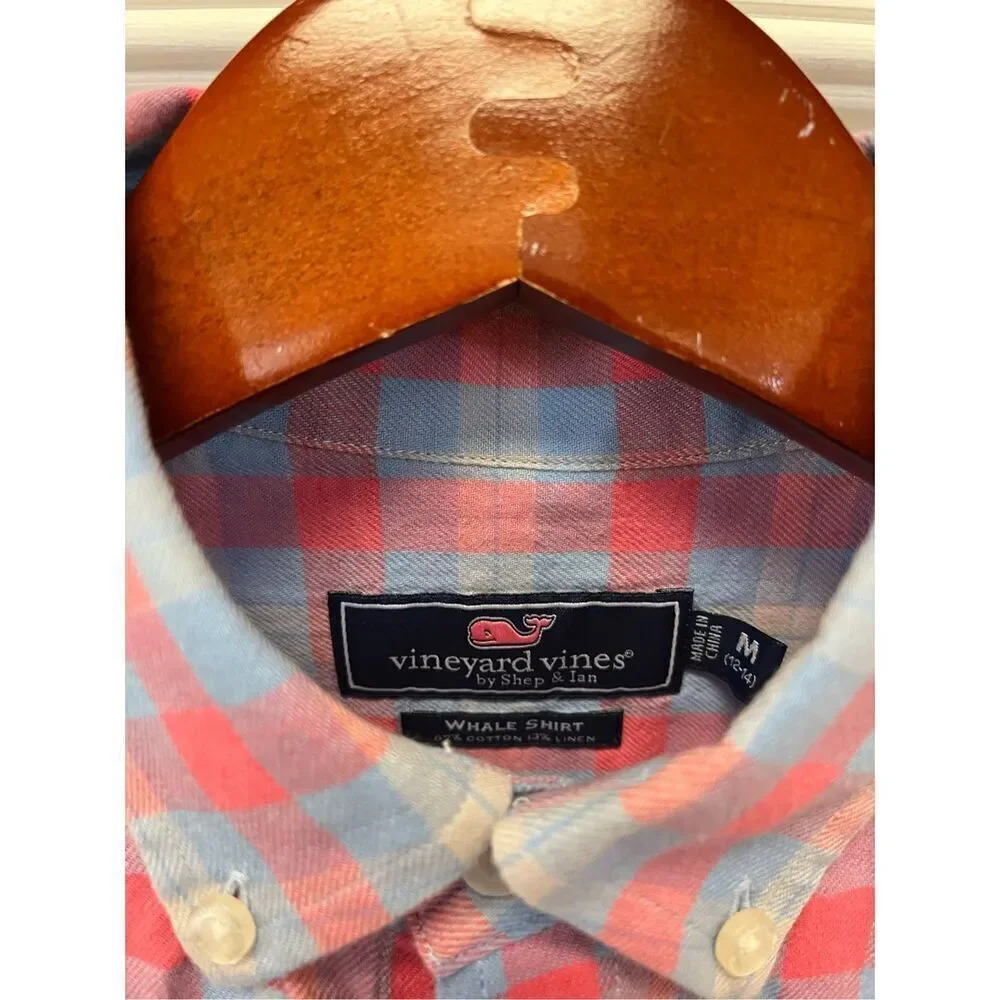 Vineyard Vines Pink & Blue Plaid Whale Shirt Linen Blend Button Down sz M